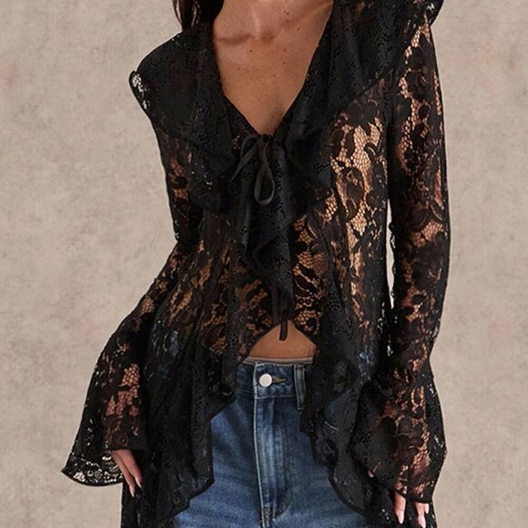 Black Elegant Women's Romantic Ruffled Lace Top Coat - Picture 4 of 7